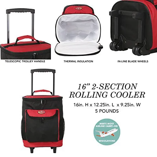 16" Cool Carry 2-Section Rolling Cooler with Thermal Insulation, Red Color Option