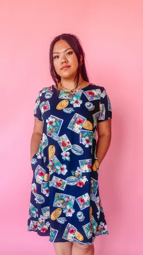 1990s Blue Tropical Vacation Print Dress, sz. L