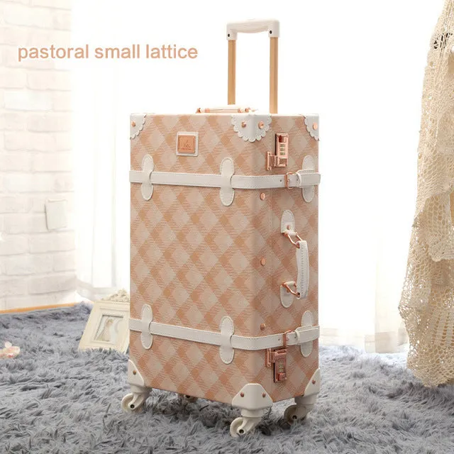 20" - 26" Spinner Wheels Pink Grating Valise Bagages Pu Leather Suitcase Women Trunk Vintage