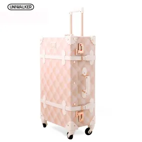 20" - 26" Spinner Wheels Pink Grating Valise Bagages Pu Leather Suitcase Women Trunk Vintage