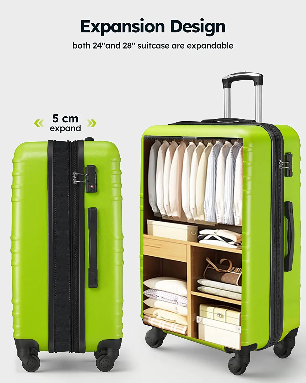 3-Piece Luggage Set with Expandable 24" & 28" Suitcases, Hard Suitcase Set with Spinner Wheels and TSA Lock, Travel Luggage Set, Green Lime