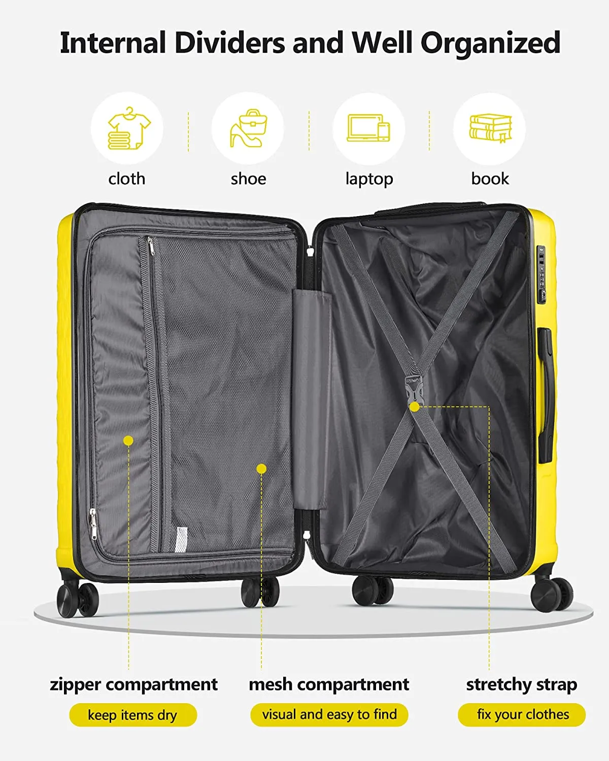 3-Piece Luggage Sets Expandable ABS   PC Hardside Spinner Suitcase Sets with TSA Lock Double Wheels, Yellow