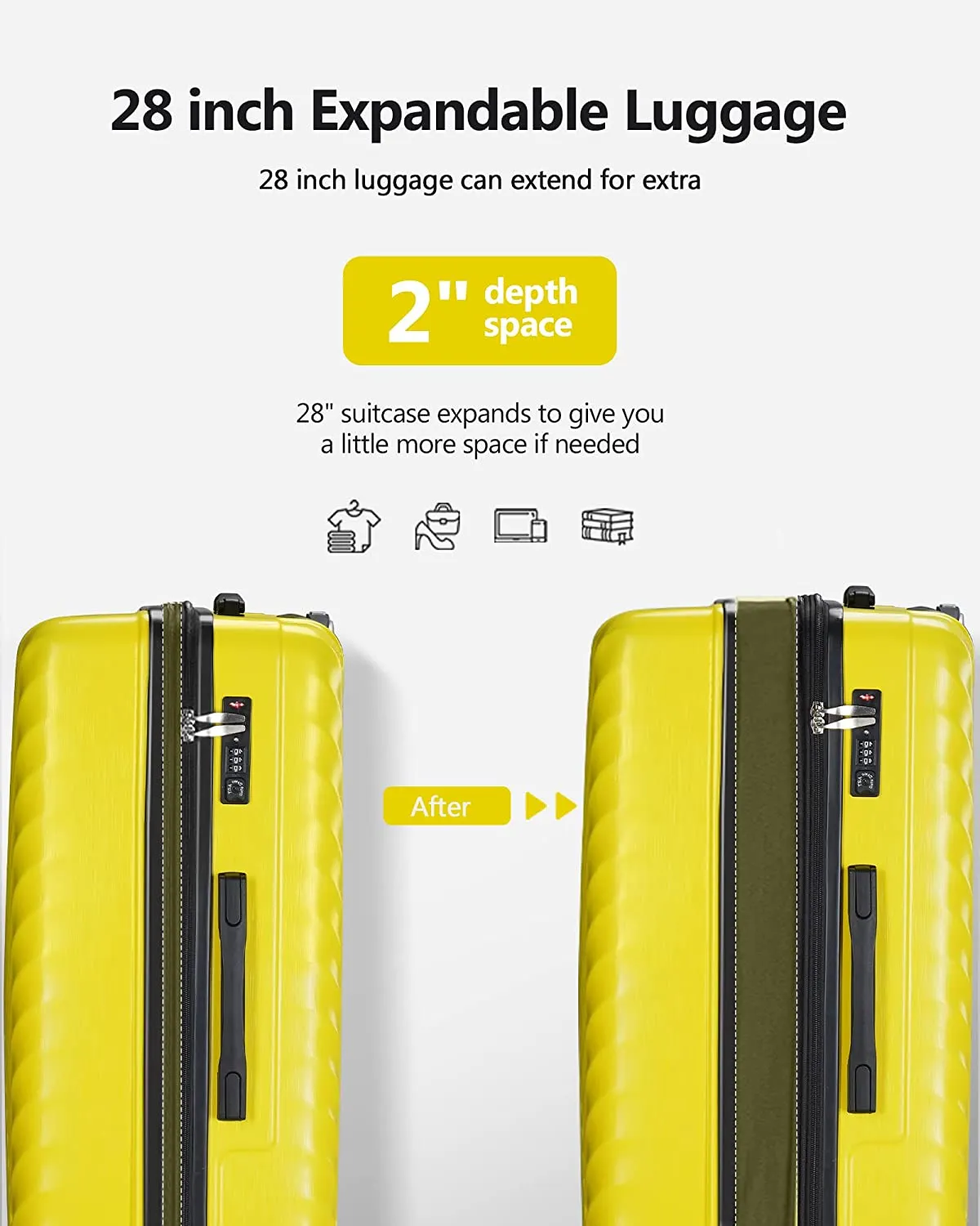 3-Piece Luggage Sets Expandable ABS   PC Hardside Spinner Suitcase Sets with TSA Lock Double Wheels, Yellow