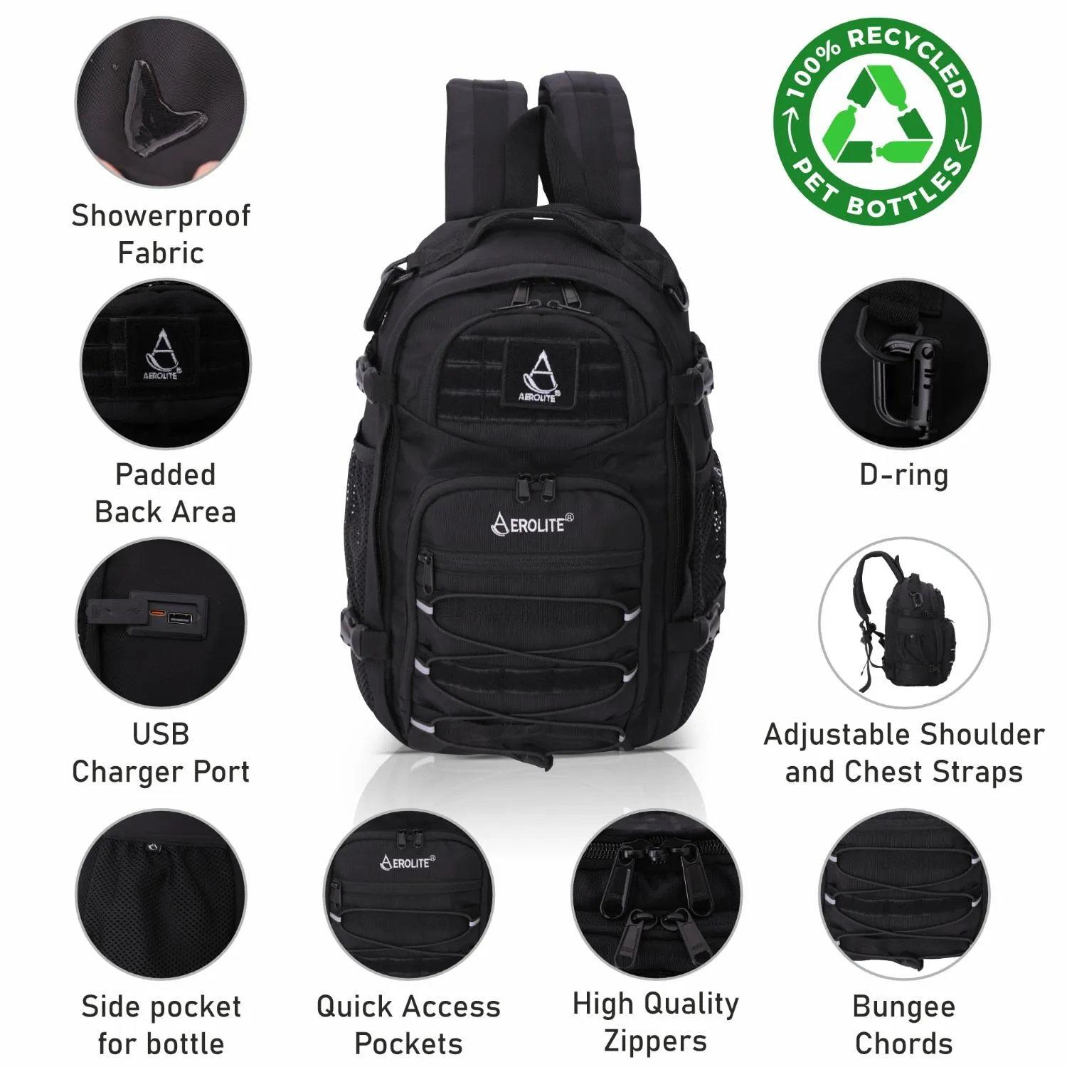 Aerolite 40x20x25cm Ryanair Maximum Premium Quality Eco-Friendly Tactical Backpack, Shower-Resistant Backpack For Camping Hiking Trekking, 20L Approved Travel Carry On Flight Rucksack with 10 Year Warranty   Luggage Scale   TSA Lock