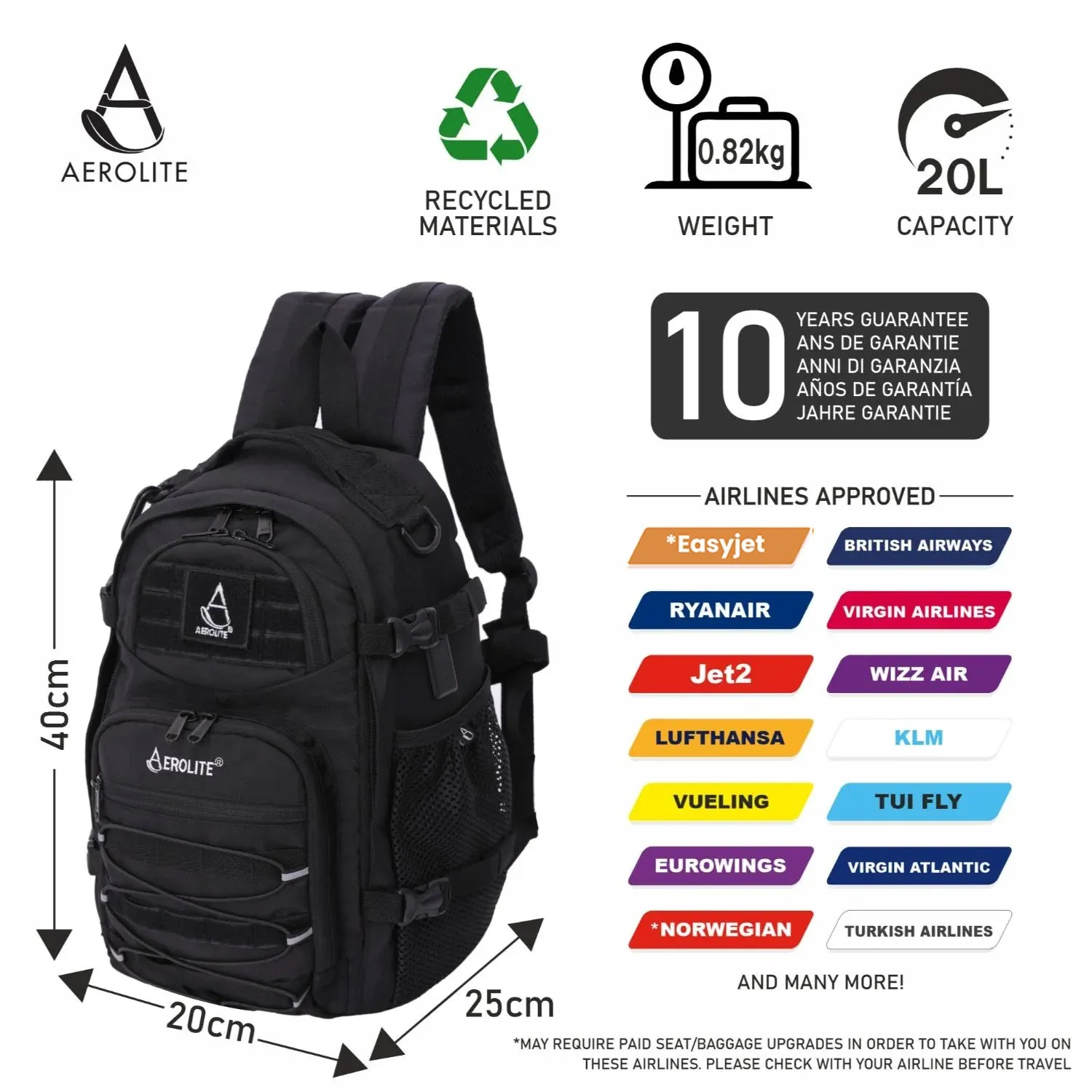 Aerolite 40x20x25cm Ryanair Maximum Premium Quality Eco-Friendly Tactical Backpack, Shower-Resistant Backpack For Camping Hiking Trekking, 20L Approved Travel Carry On Flight Rucksack with 10 Year Warranty   Luggage Scale   TSA Lock