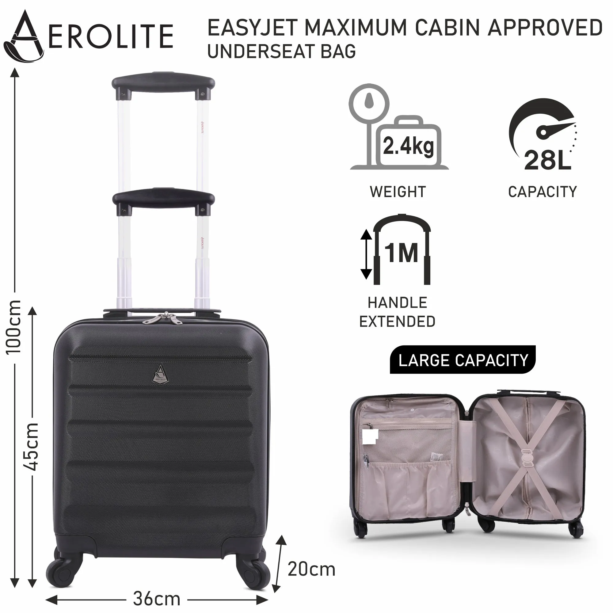 Aerolite 45x36x20cm Easyjet Maximum Size Hard Shell Carry On Hand Cabin Luggage Underseat Flight Suitcase with 4 Wheels