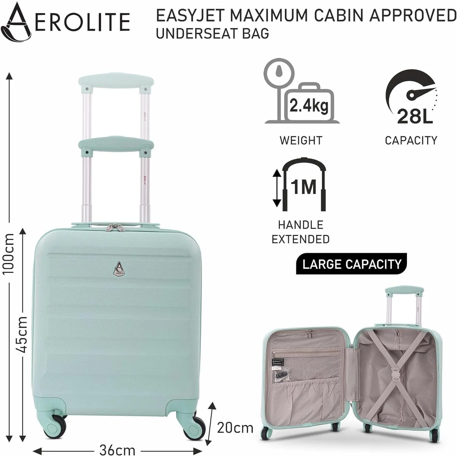 Aerolite 45x36x20cm Easyjet Maximum Size Hard Shell Carry On Hand Cabin Luggage Underseat Flight Suitcase with 4 Wheels