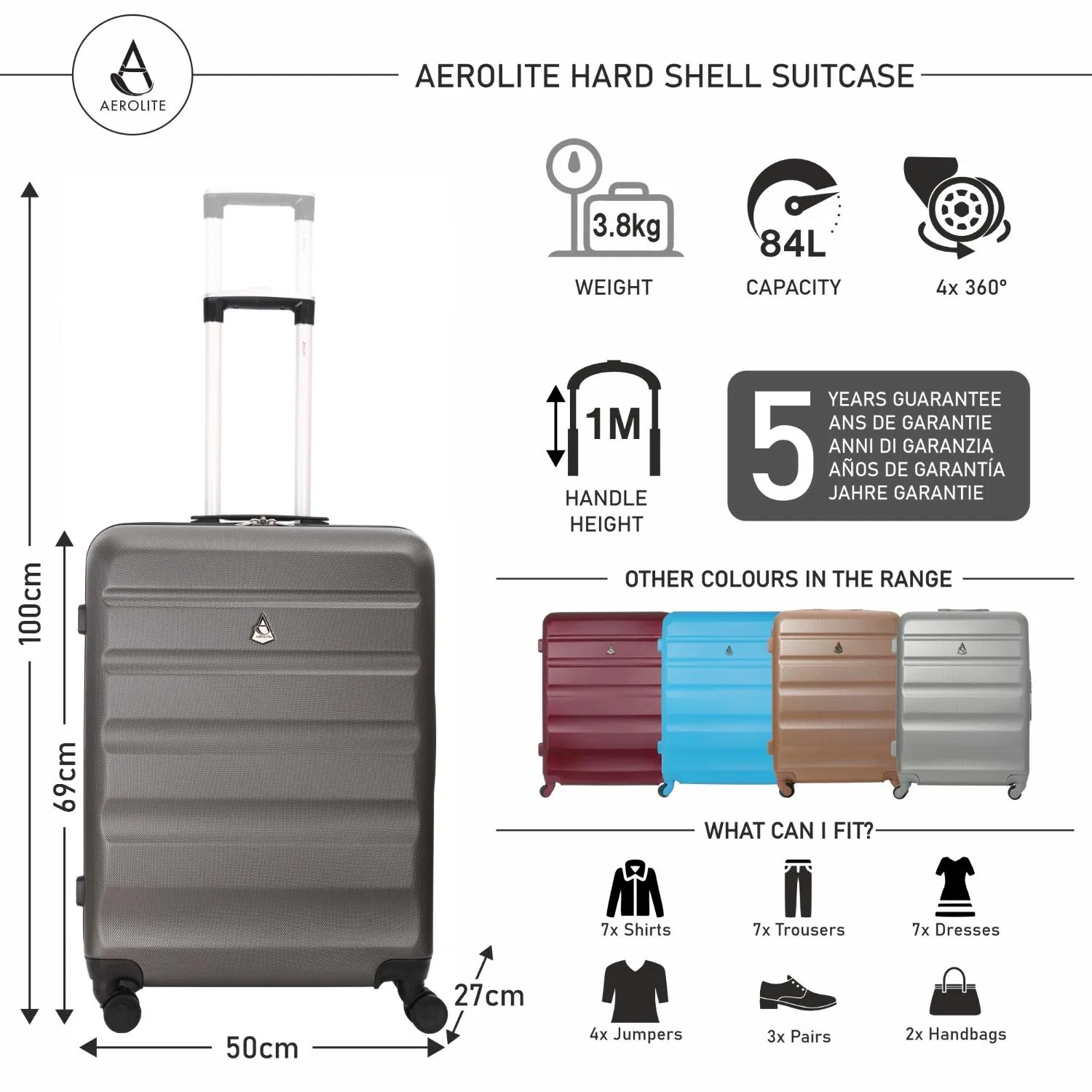 Aerolite 55cm (55x35x20cm) Lightweight Hard Shell 21" Cabin Suitcase   Aerolite 25" Medium (69x50x27cm) Suitcase, 82L with 8 Wheels