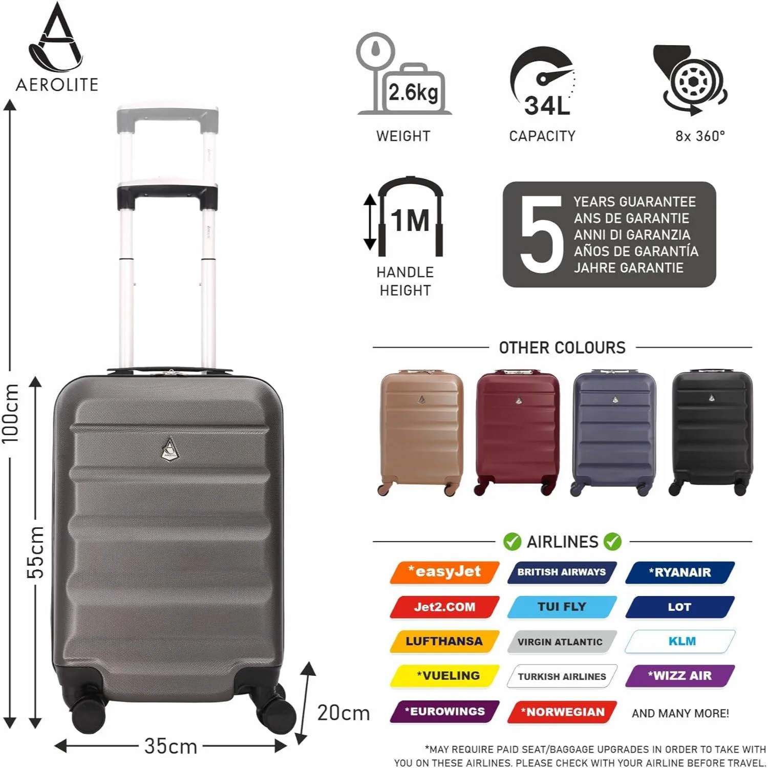 Aerolite 55cm (55x35x20cm) Lightweight Hard Shell 21" Cabin Suitcase   Aerolite 25" Medium (69x50x27cm) Suitcase, 82L with 8 Wheels