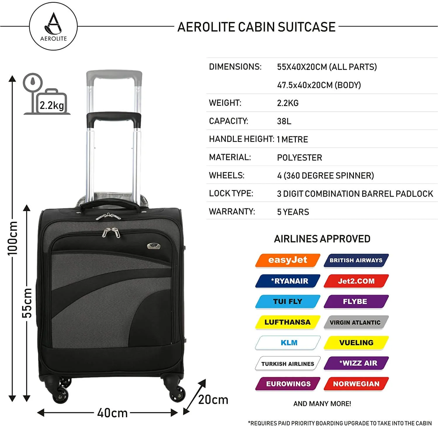 Aerolite 55x40x20 Ryanair Maximum Allowance 38L Lightweight Travel Carry On Hand Cabin Luggage Suitcase with 4 Wheels - Also Approved for Easyjet, British Airways, Jet2 and More (Black/Grey)