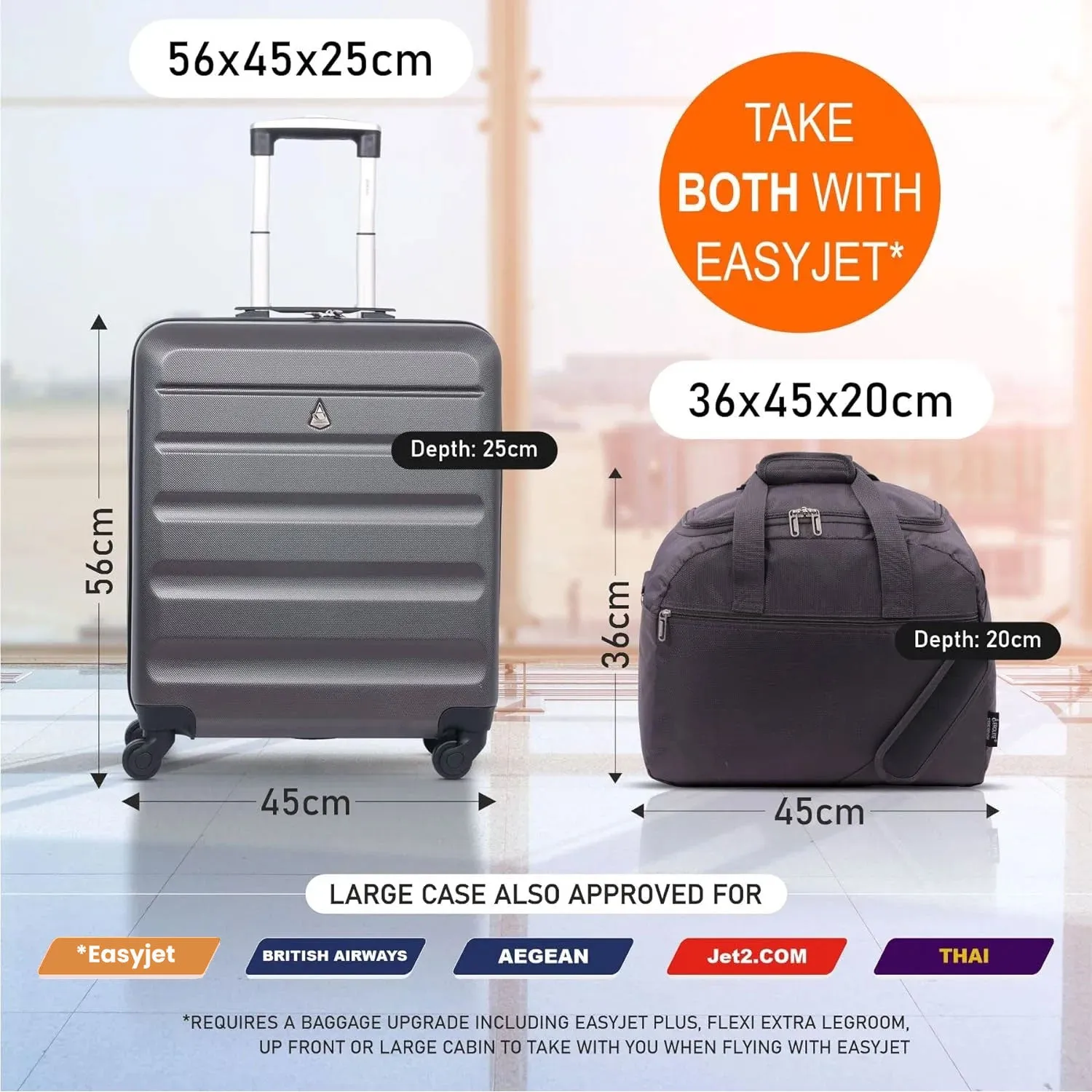 Aerolite Easyjet Bundle, Large Cabin (56x45x25cm) Lightweight Hard Shell Cabin Suitcase & (45x36x20cm) Easyjet Max Holdall