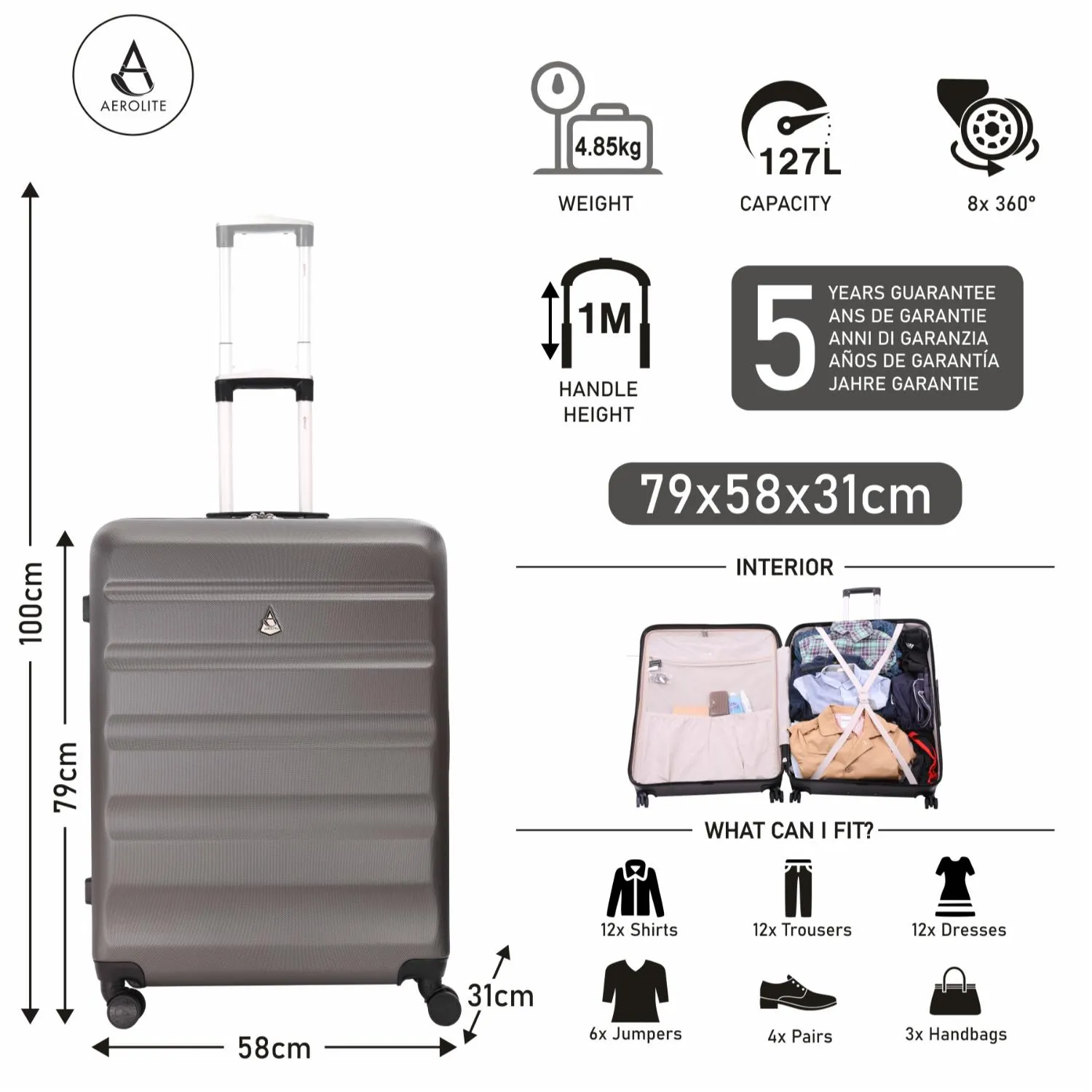 Aerolite Lightweight Hard Shell Suitcase Luggage Set with 4 Spinner Wheels (Cabin, Medium & Large)