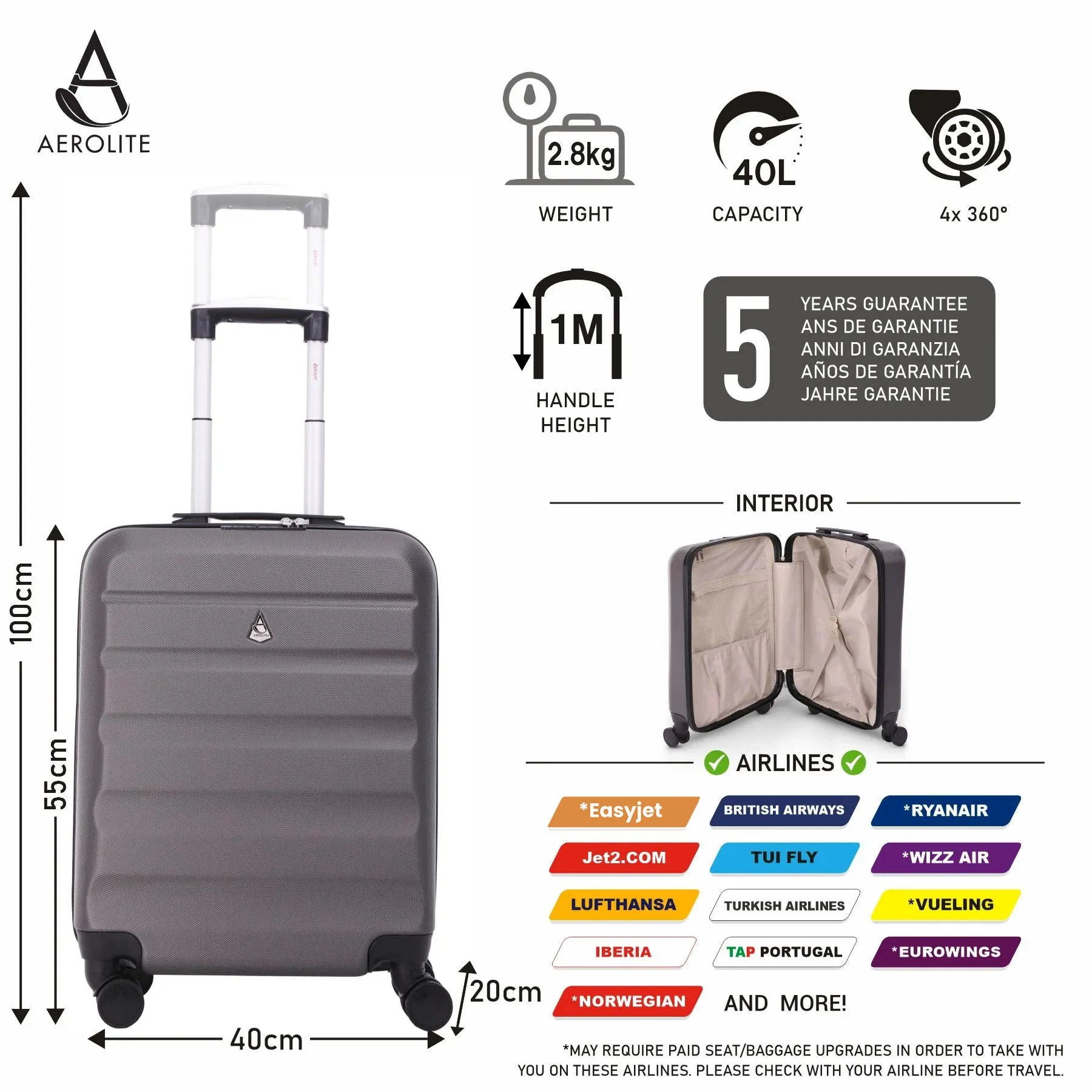 Aerolite Ryanair Max Bundle (55x40x20cm Priority Suitcase   40x20x25cm Holdall), 2 Piece Carry On Hand Cabin Luggage Set Bundle