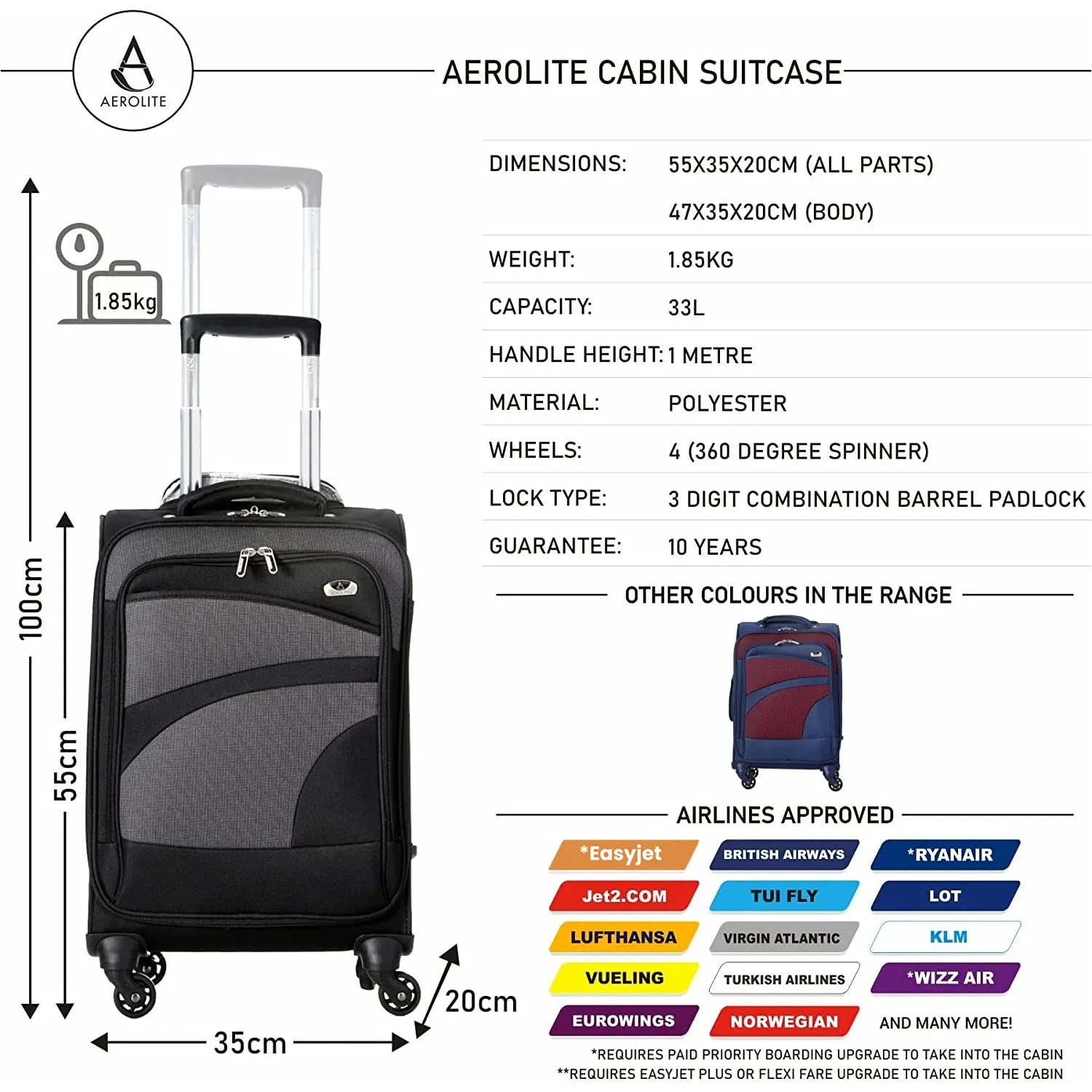 Aerolite Super Lightweight 4 Wheels Soft Shell Cabin Luggage Approved for Ryanair (Priority), Easyjet (Plus/Large Cabin), British Airways, Delta, Lufthansa