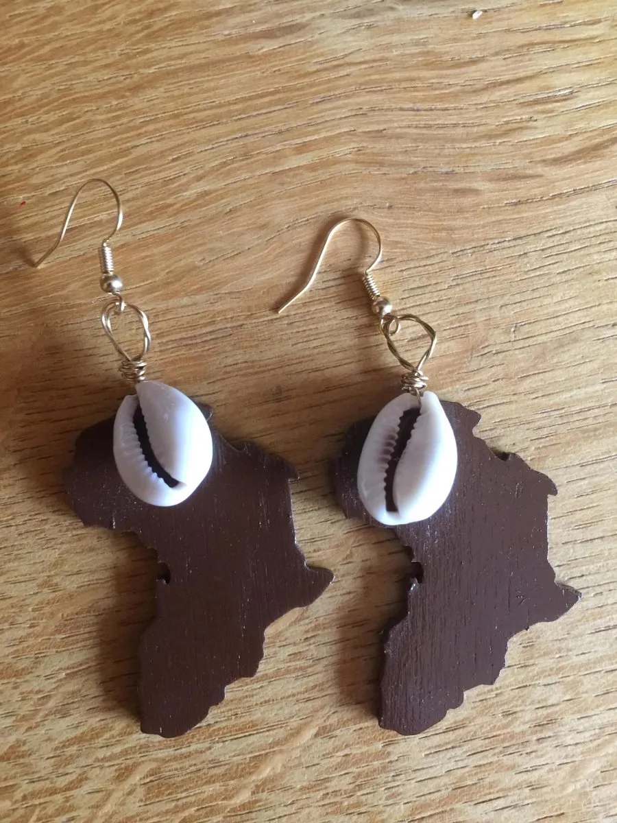 Africa Earrings with Cowrie Shell Made with Recycled Wood