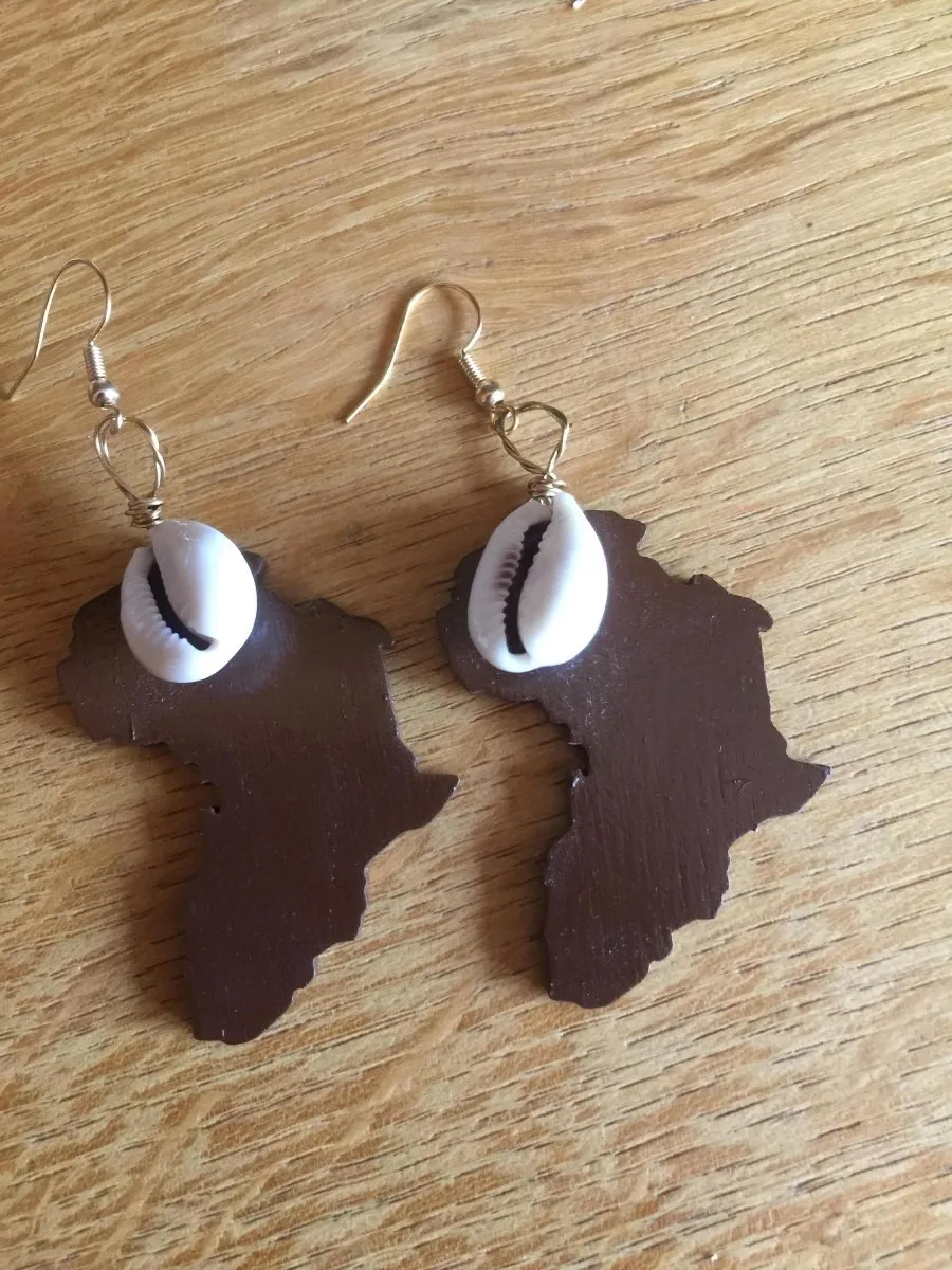 Africa Earrings with Cowrie Shell Made with Recycled Wood