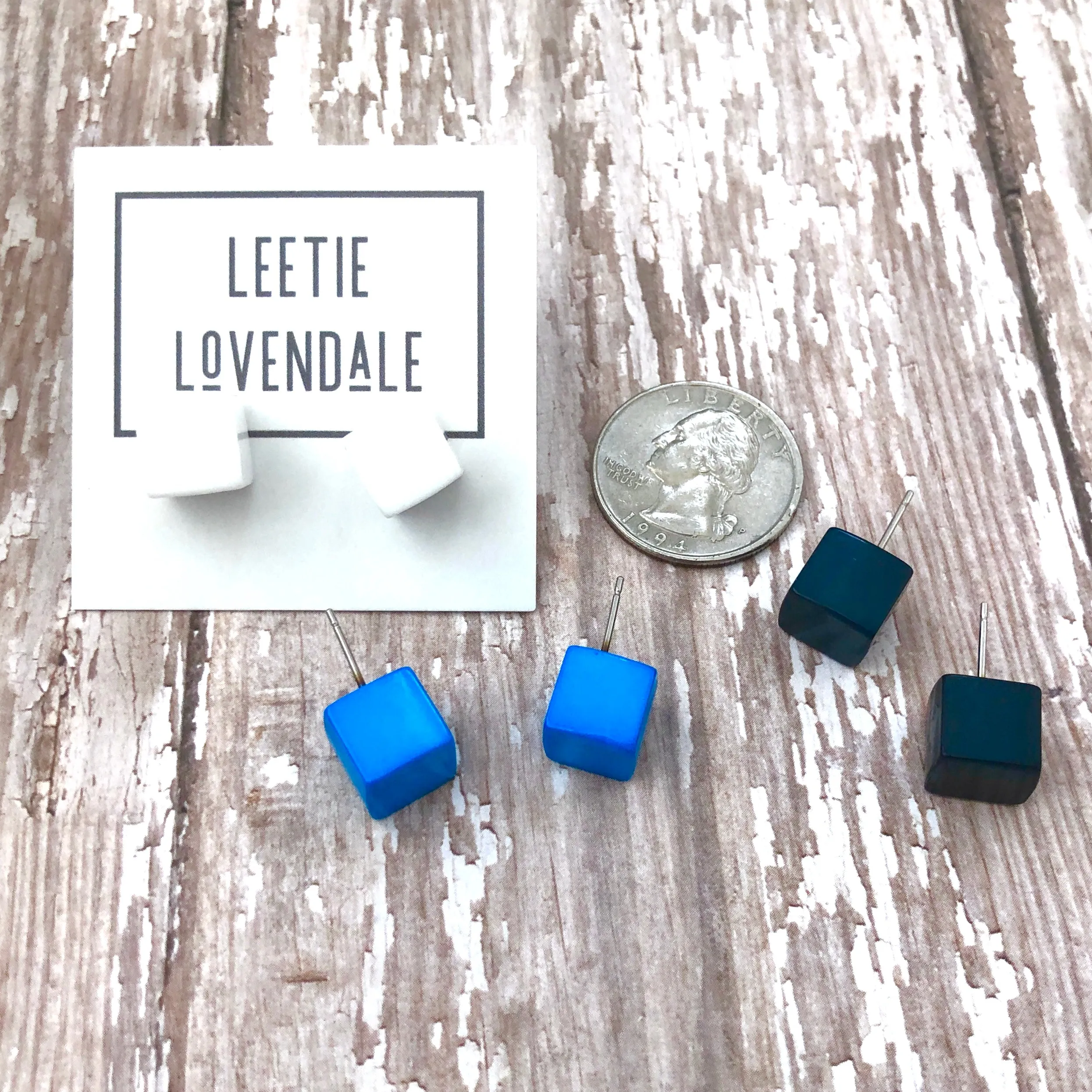 Aqua Blue Midi Cube Stud Earrings