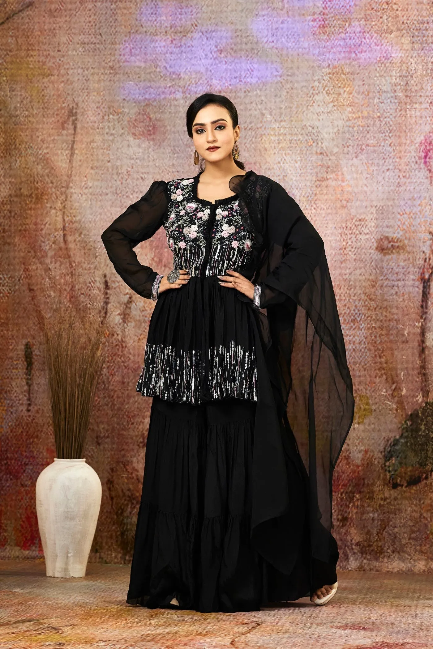 Black Embellished Pure Crepe Silk Sharara Set