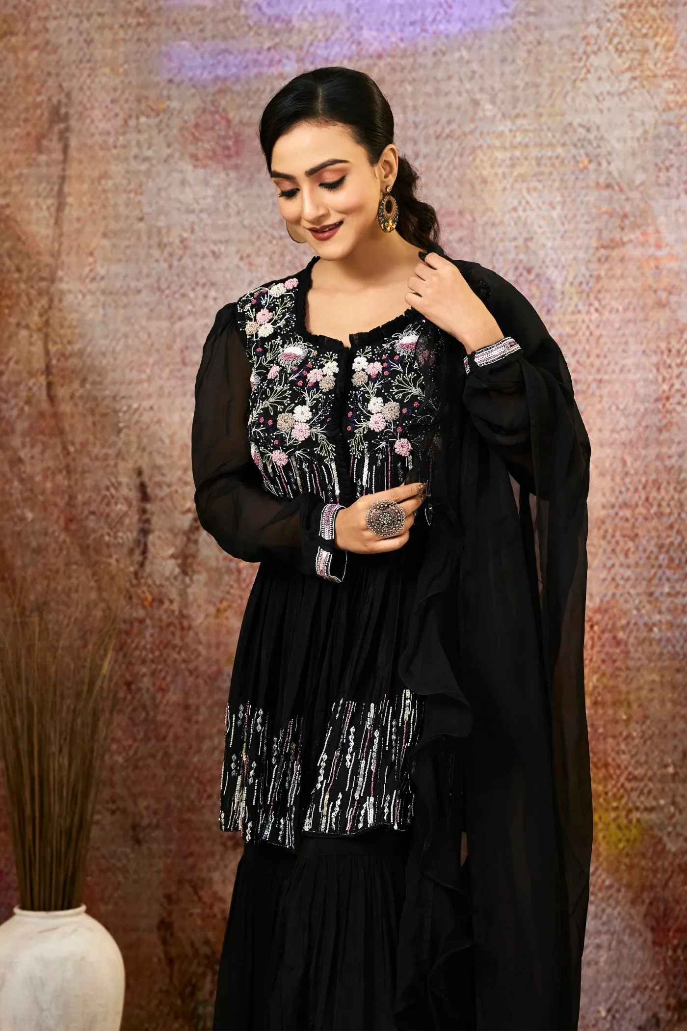 Black Embellished Pure Crepe Silk Sharara Set