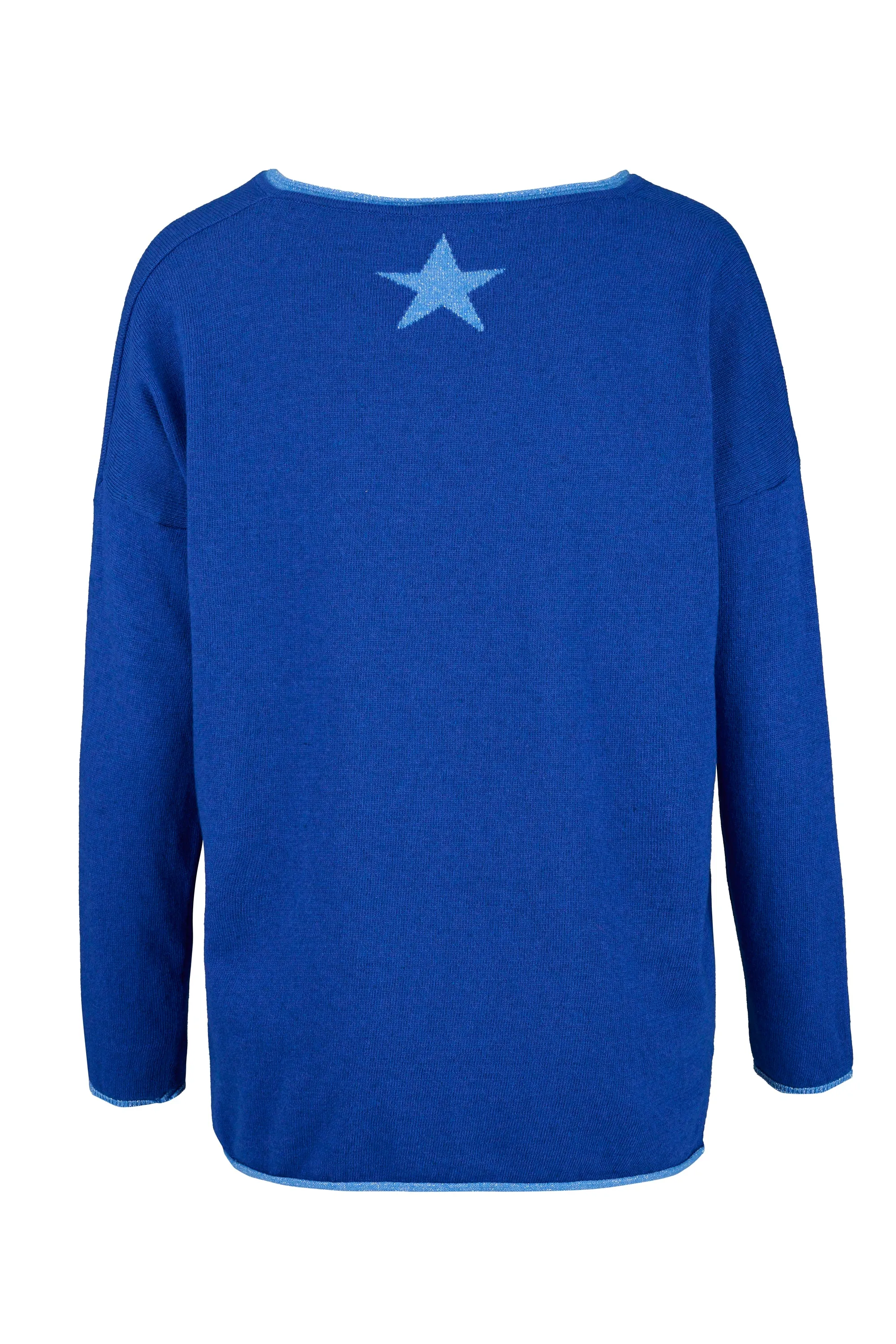 Cashmere Mix Sweater in Royal Blue with Light Blue V-Neck & Star