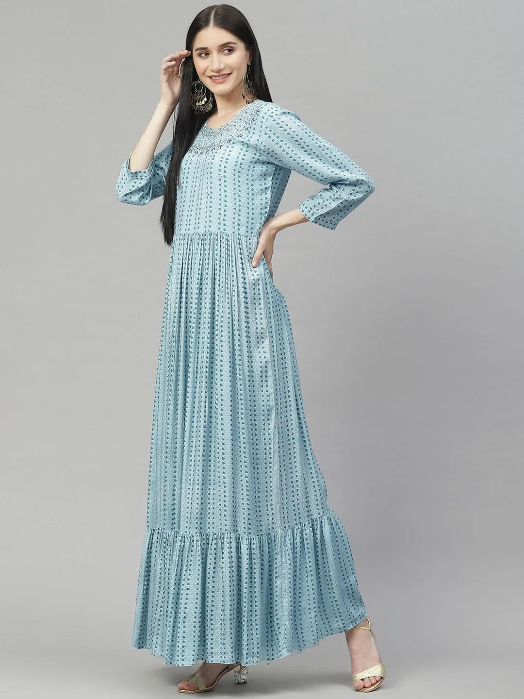 Divena Blue Muslin Flared Gown