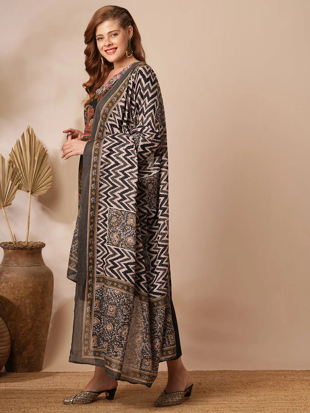 Ethnic Floral Printed & Embroidered Straight Fit Kurta with Pant & Dupatta - Black