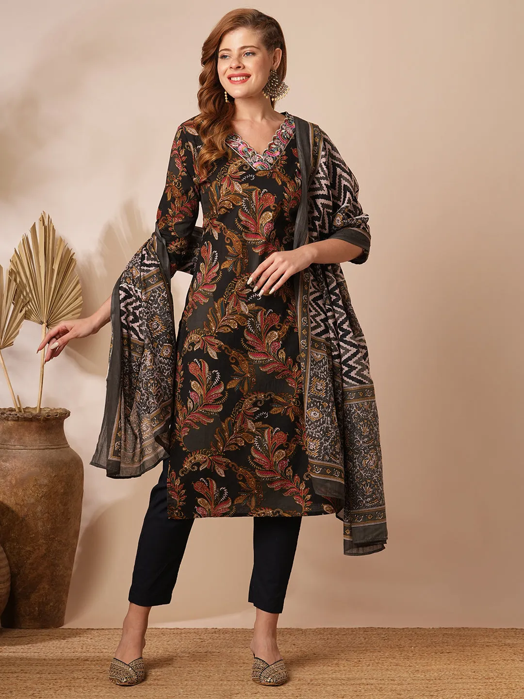 Ethnic Floral Printed & Embroidered Straight Fit Kurta with Pant & Dupatta - Black