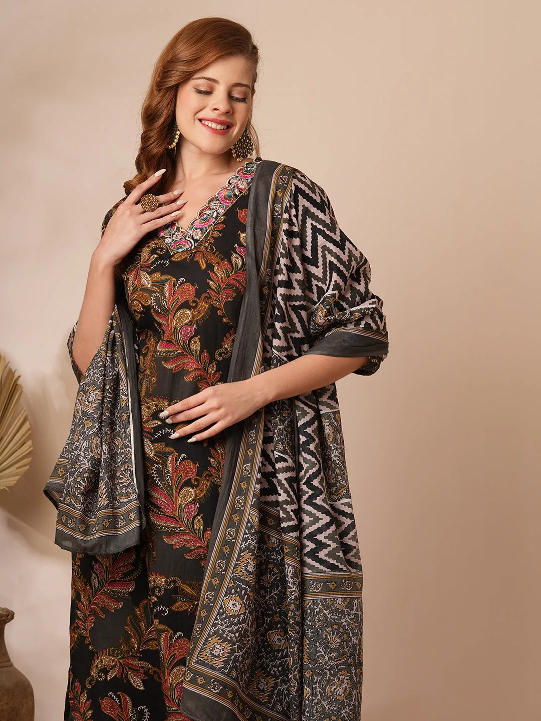 Ethnic Floral Printed & Embroidered Straight Fit Kurta with Pant & Dupatta - Black