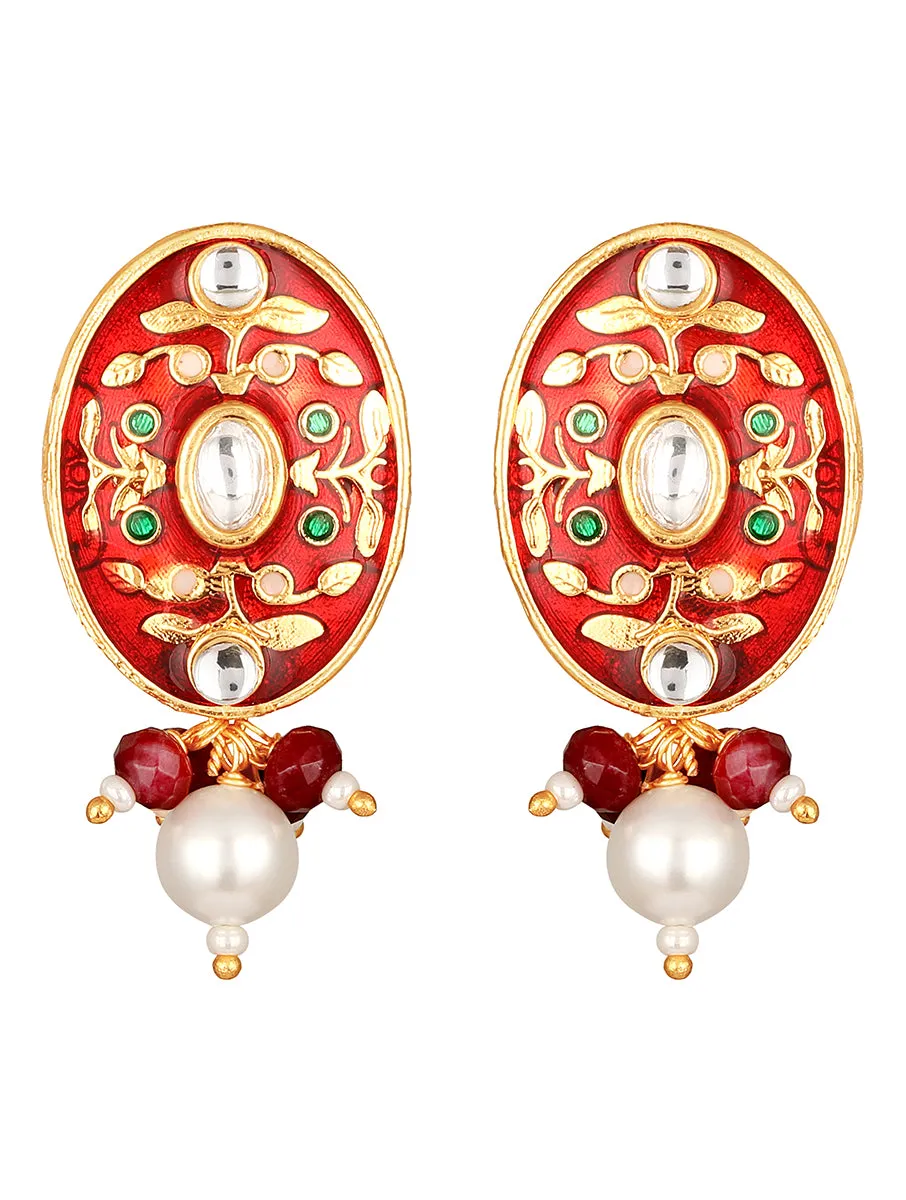 Golden, Red Kundan Polki, Shell Pearls Earrings