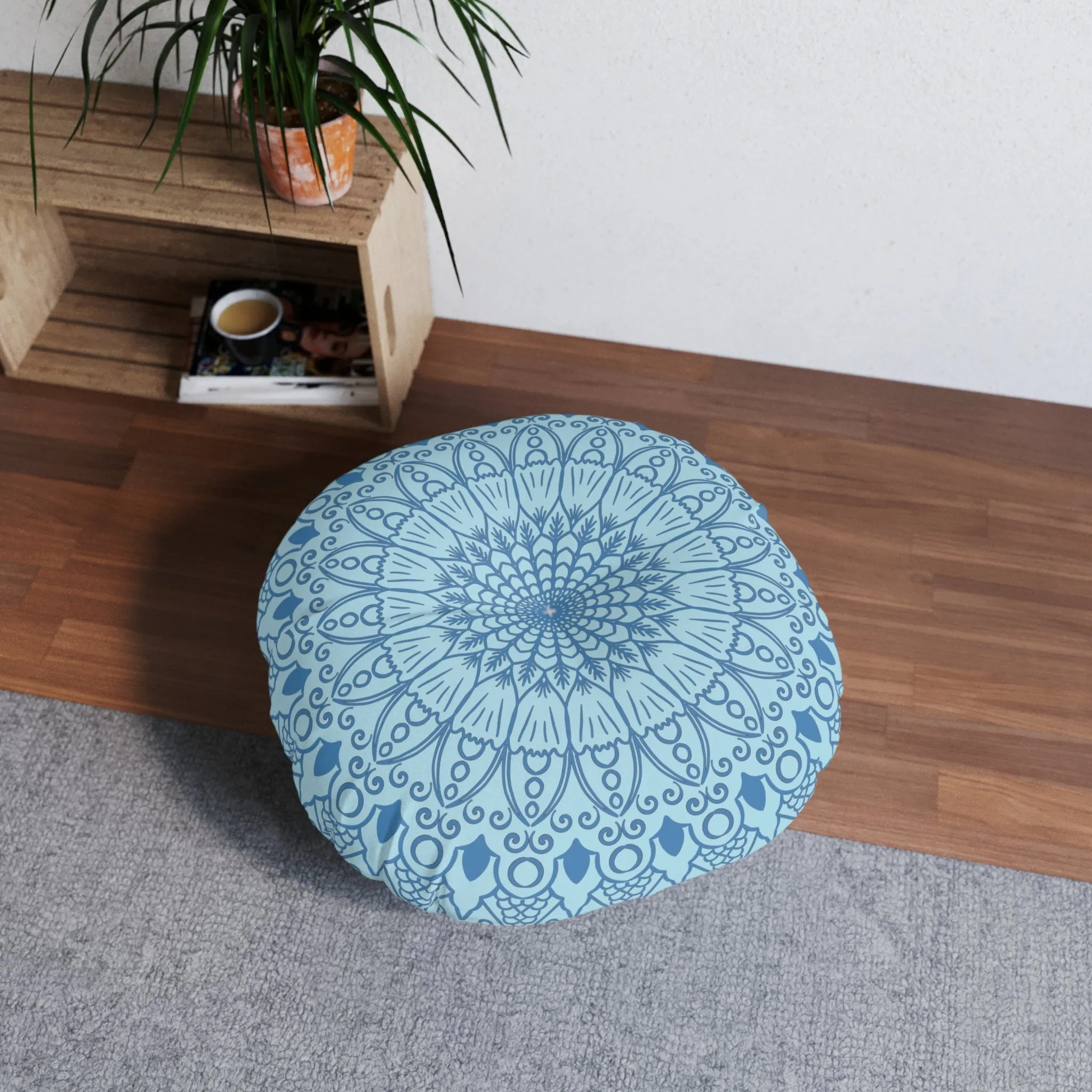 Handmade Mandala Art Floor Cushion - Steel Blue Mandala Art Design