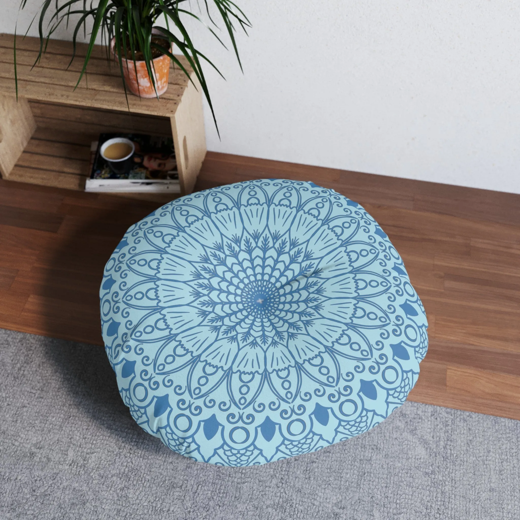 Handmade Mandala Art Floor Cushion - Steel Blue Mandala Art Design