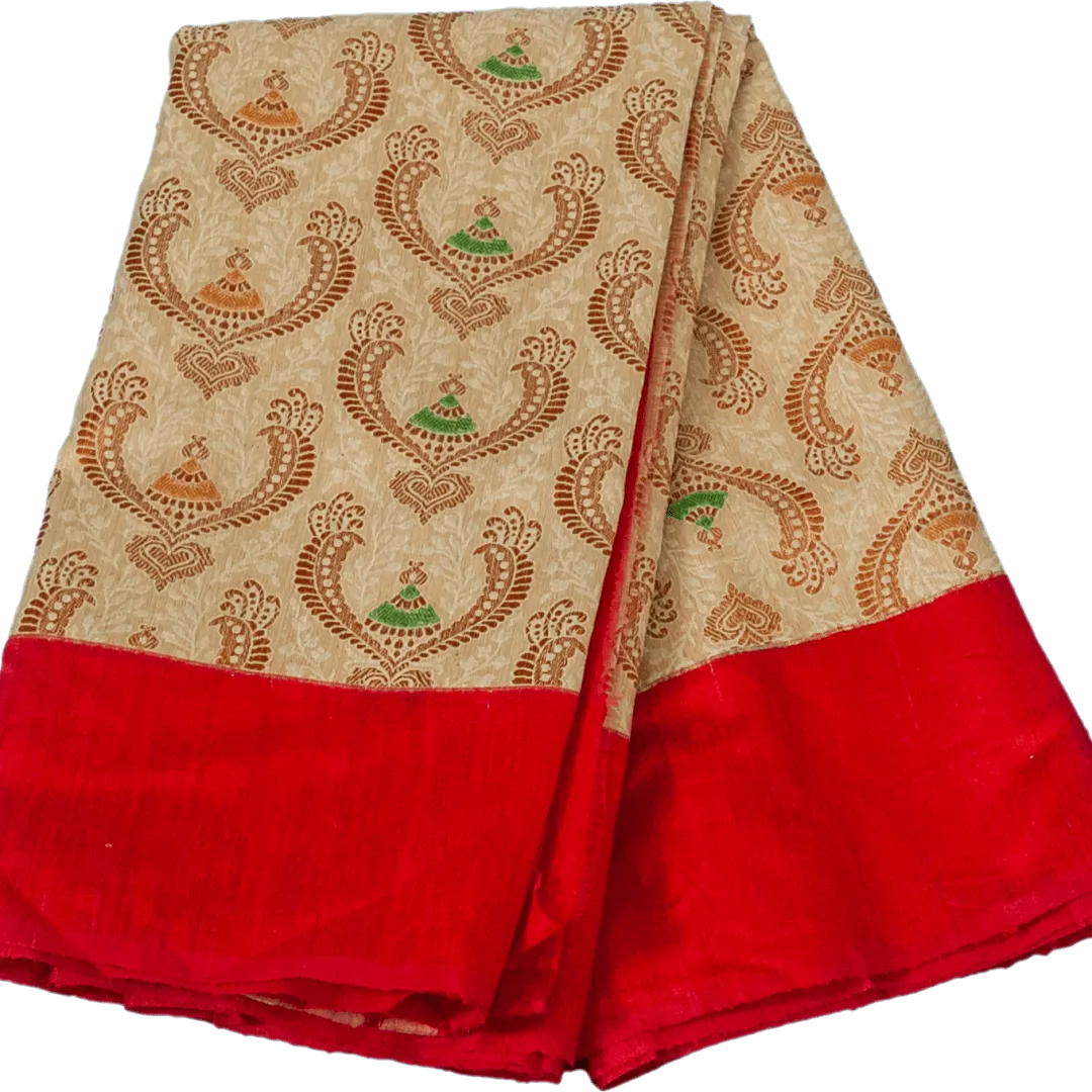 Heavy Biege and red handloom benarasi Katan silk saree