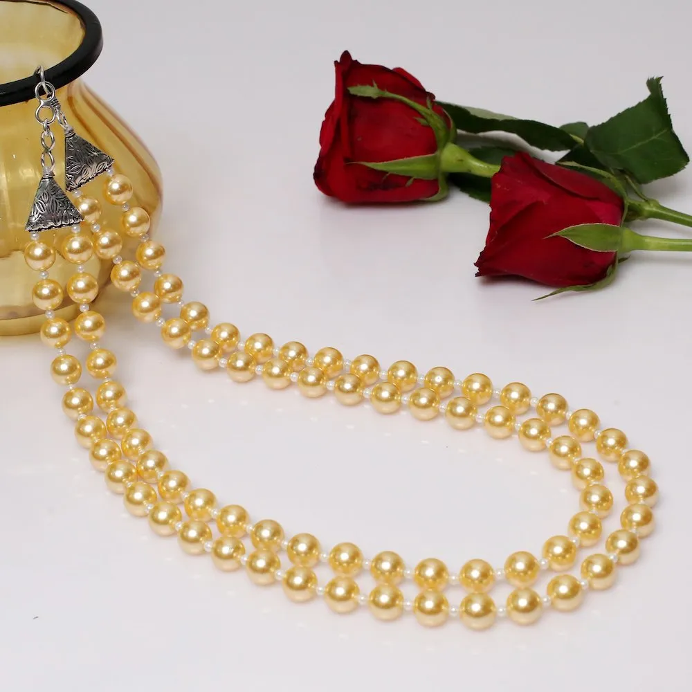 Imeora Double Line Golden Shell Pearl Necklace With White Beads and Golden Studs