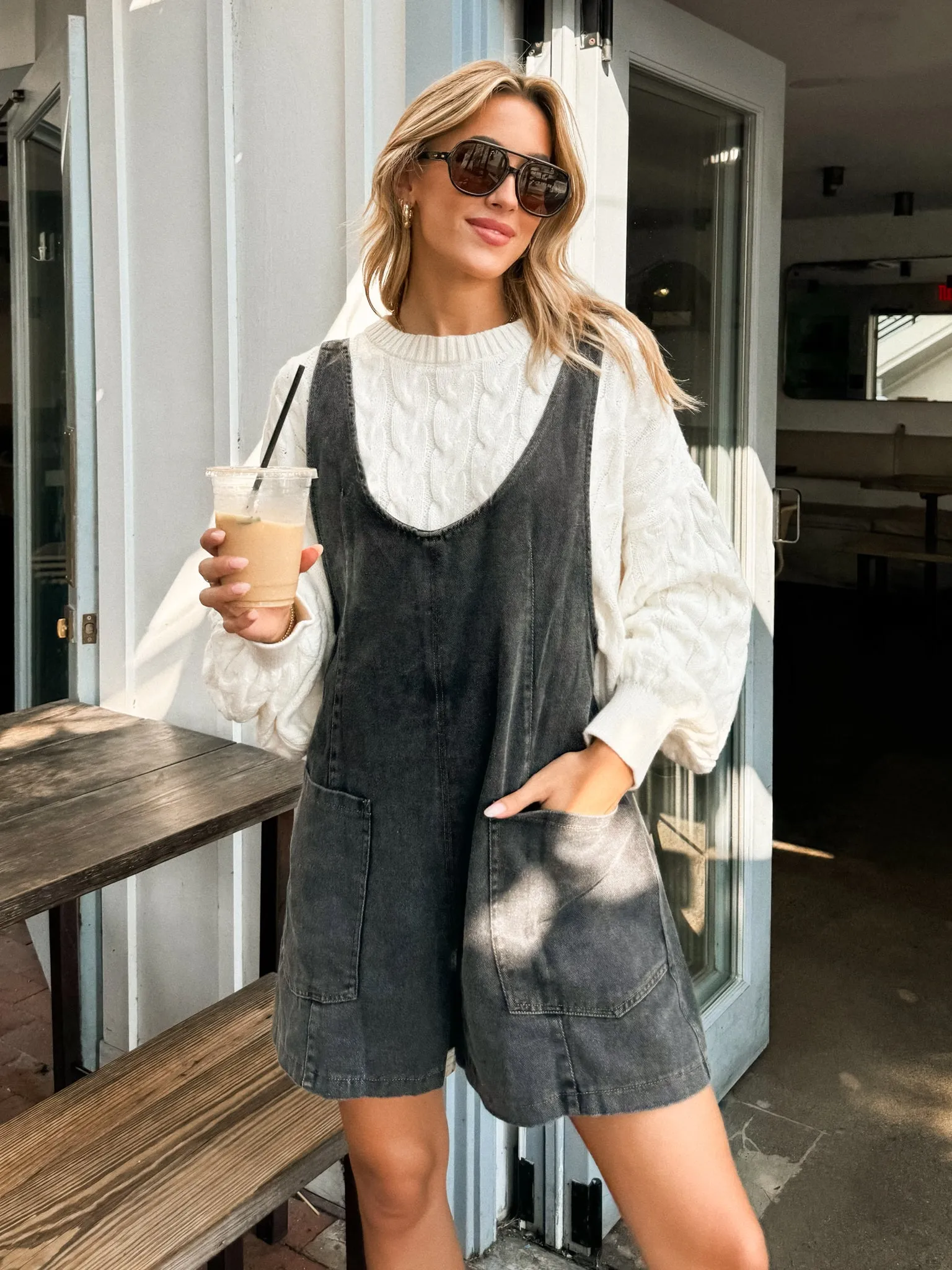 Masonne Denim Romper in Washed Black