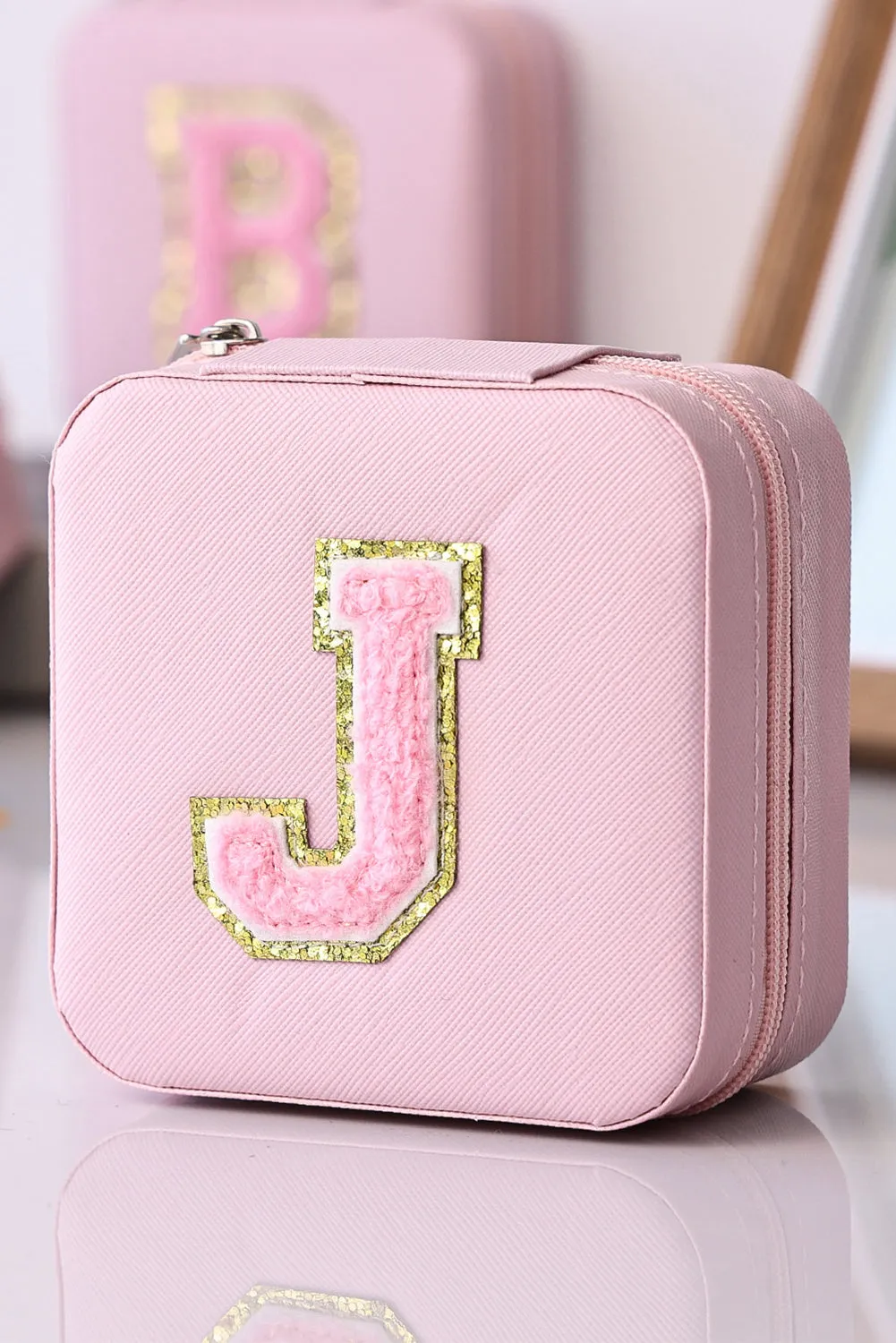 Pink Portable Initial J Graphic Layered Jewelry Box