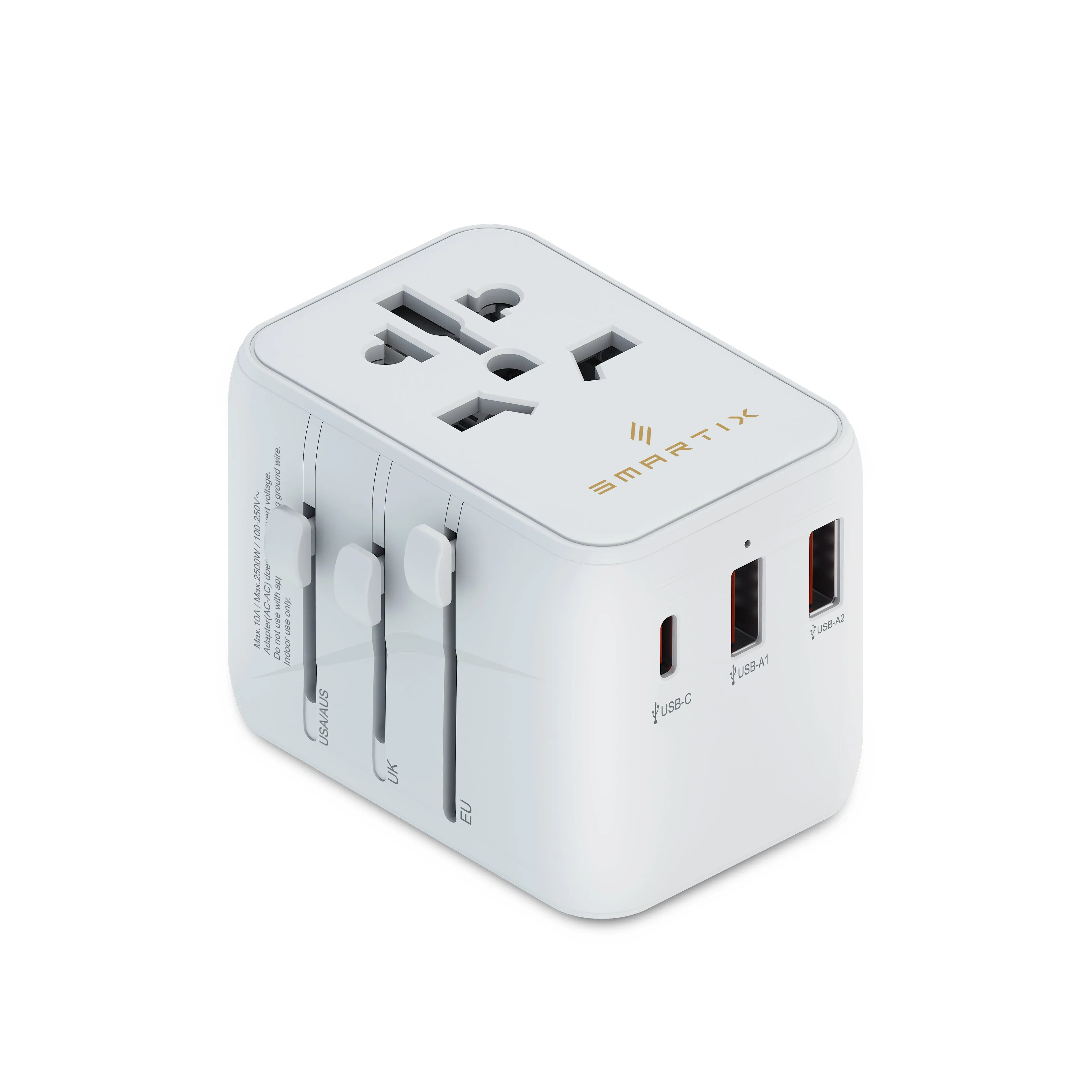 Smartix Universal Travel Adaptor 20W, 4-in-1 Fast Charger 1xUSB-C & 2xUSB-A Ports, 2500W Power Socket, Portable Charger for Iphone, Android, Laptop, Drone, Compatible for USA, UK, EU, AU, Asia- White